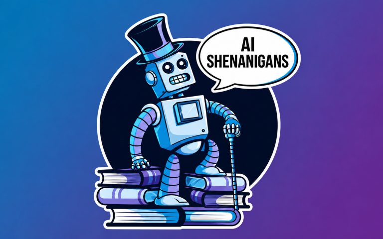 AI Shenanigans robot mascot standing on books beside a speech bubble logo on a blue and purple background