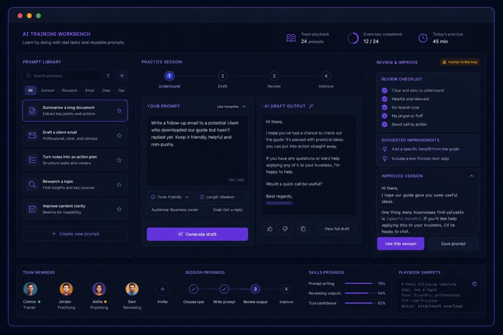 Dark AI training dashboard showing prompt library, practice session, draft output and review checklist