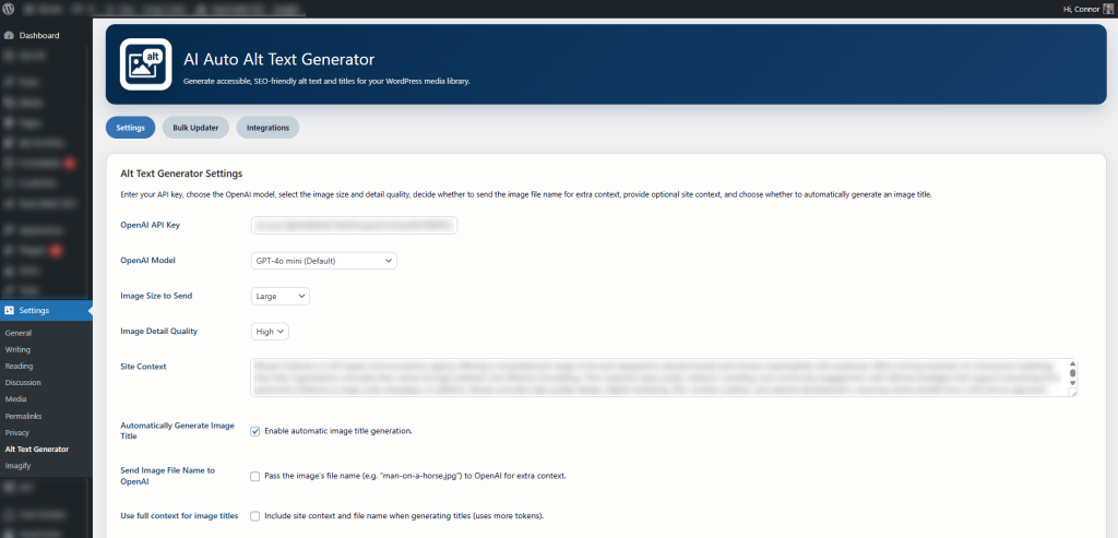 AI Auto Alt Text Generator settings screen showing model, image detail and accessibility options