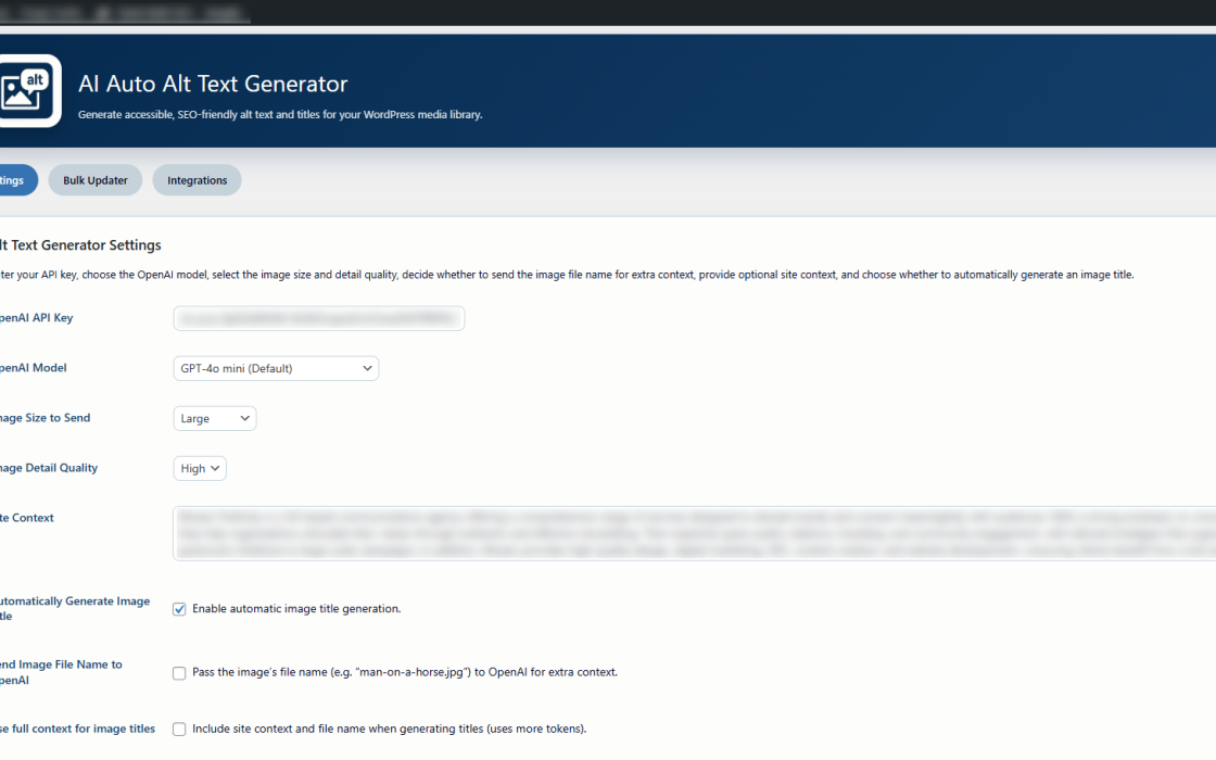 AI Auto Alt Text Generator settings screen showing model, image detail and accessibility options