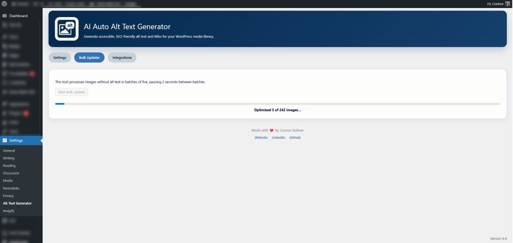 Bulk Alt Text Updater screen showing progress controls for existing WordPress media images
