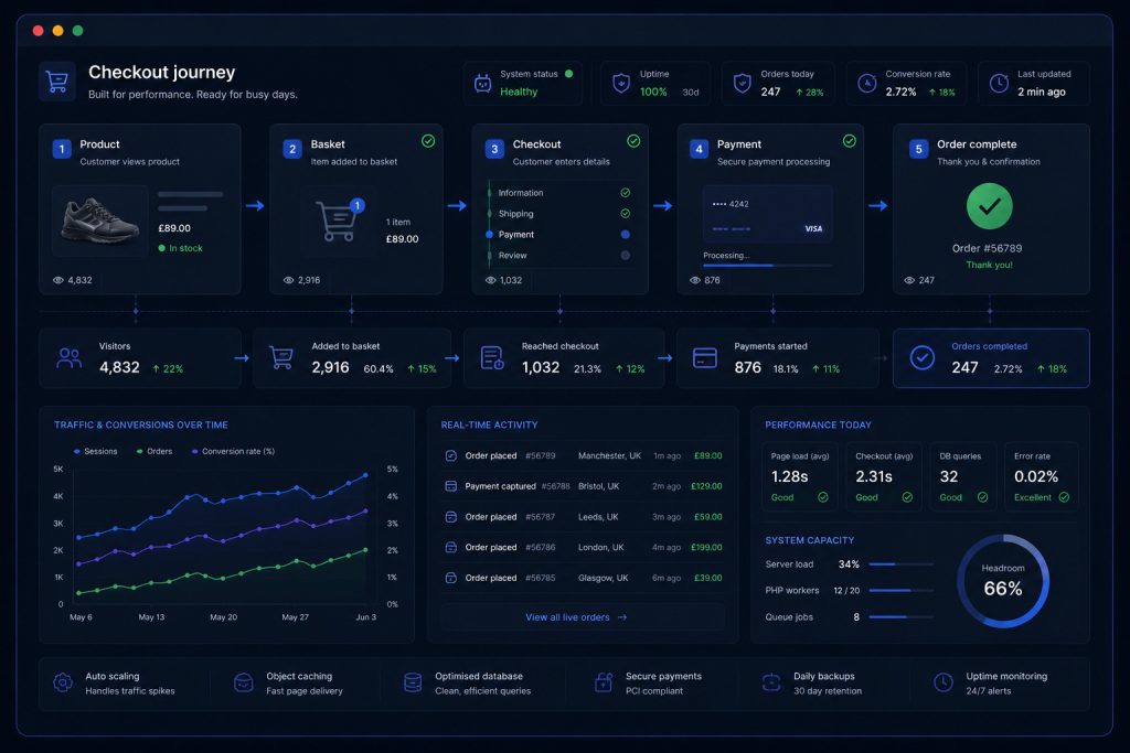 Dark commerce dashboard showing product, basket, checkout, payment and order completion steps